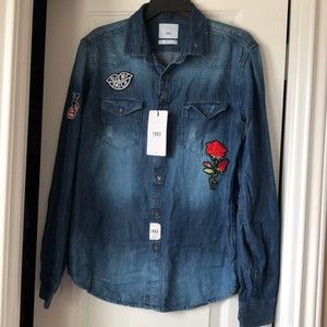 1992 zip code embroidered denim button down